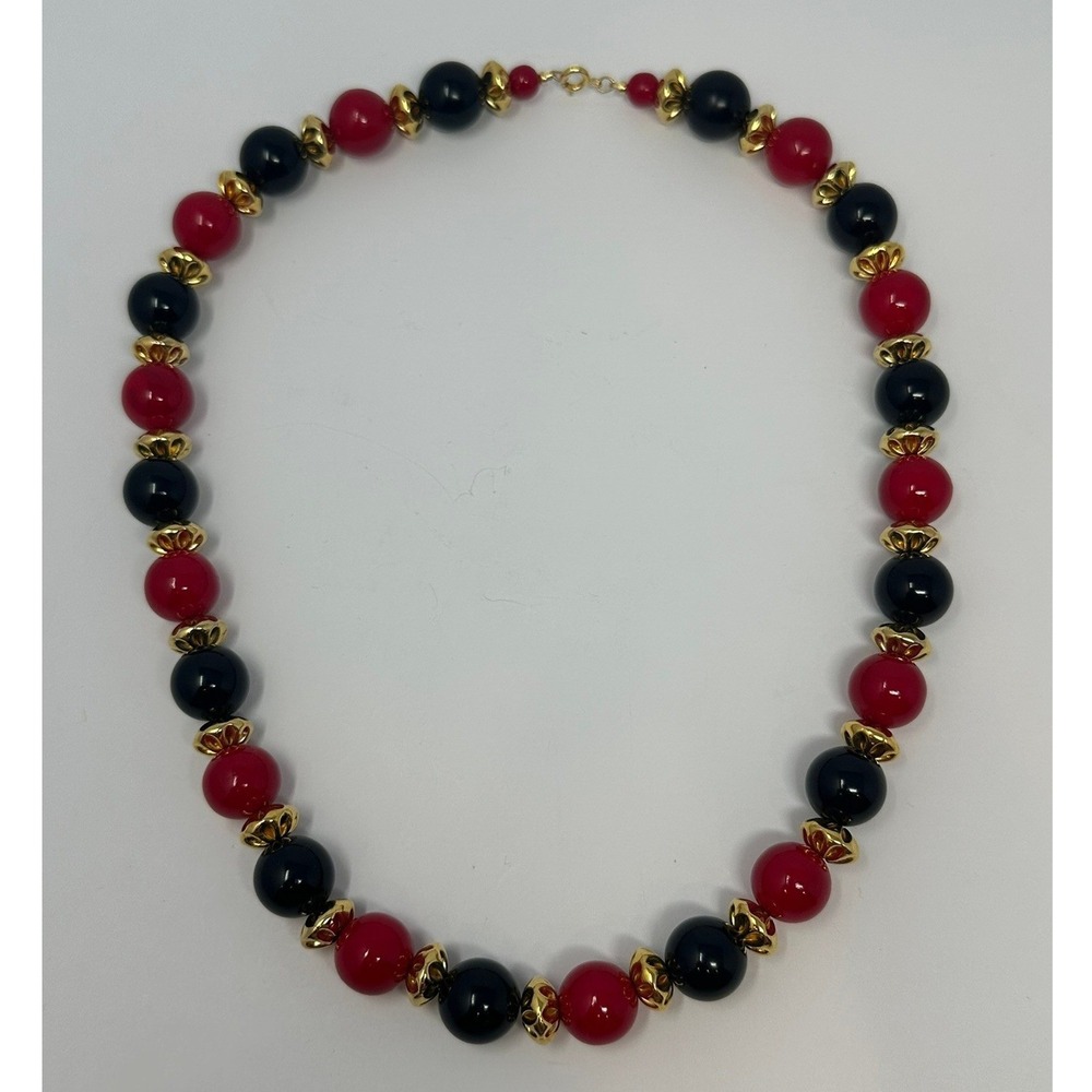 Vintage Red and Black Beaded Necklace with Gold Tone Spacers A2